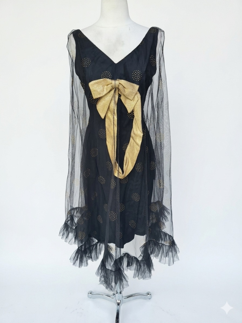 Late 70s/80s Metallic Gold Polka Dot Sheath Dress w/Ruffled Capelet Overlay & St